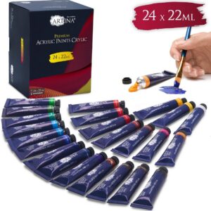 Artina Crylic acrylverfset met verpakking en 24 tubes van 22 ml, met een voorbeeld van schilderen
